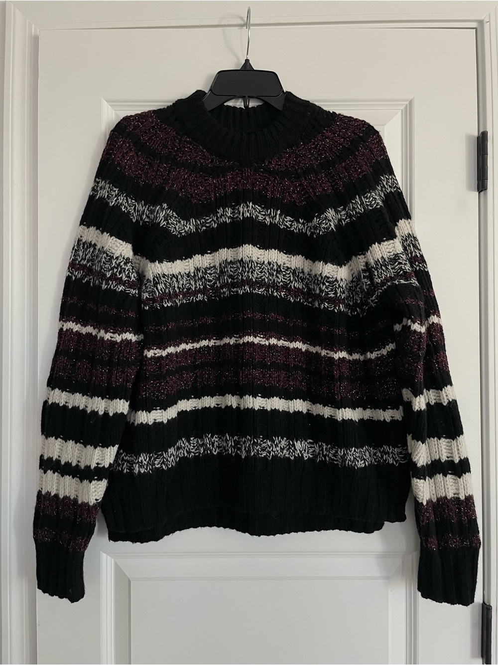 Zara 100% Wool Knit Sweater Black, White & Plum Metallic Stripes